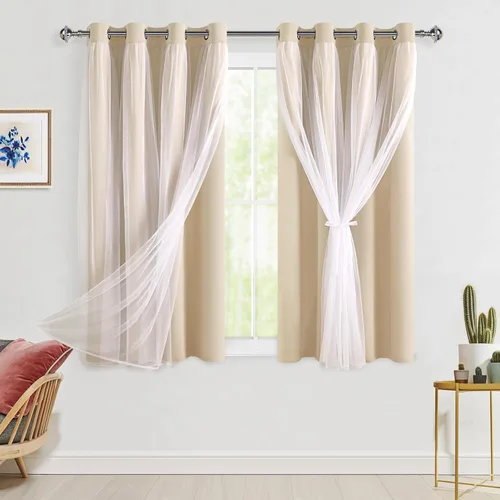 Miniatura 49 de Hiasan Cortinas opacas con superposición transparente, aislamiento térmico para mezclar y combinar de doble capa, cortinas de oscurecimiento de Beige