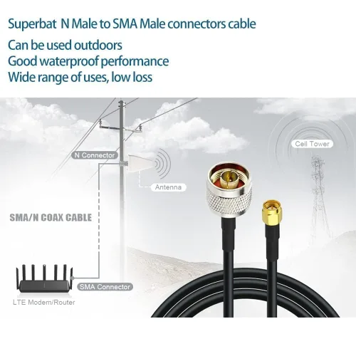 Miniatura 3 de Superbat Cable adaptador SMA a N de 12 pies de baja pérdida N macho a SMA macho con conectores resistentes a la intemperie, cable RG58 de 50 ohmios