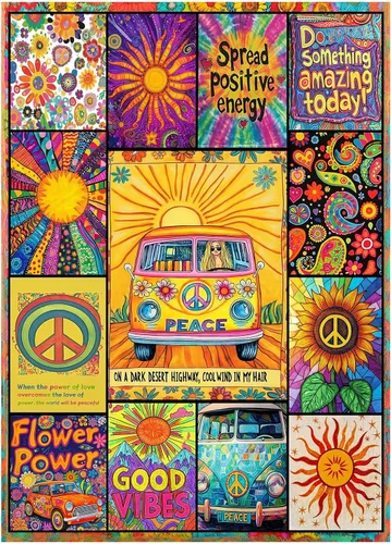 Colorido rompecabezas inspirador de collage de 1000 piezas para adultos, rompecabezas psicodélico vintage de girasol de la paz, rompecabezas de arte