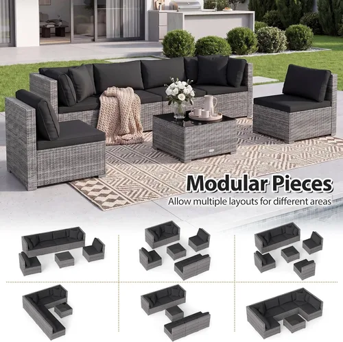 Miniatura 6 de Tangkula Juego de 2 sofás de mimbre para exteriores, sin brazos, juego de sofá modular de ratán para patio con 2 cojines de asiento gruesos y 2