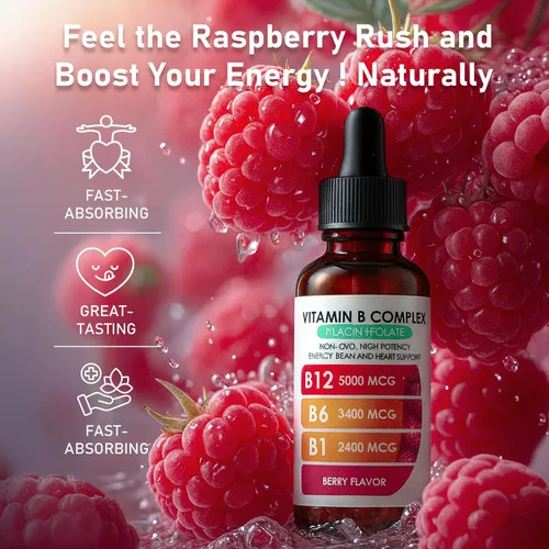 Miniatura 3 de Complejo de vitamina B12 con suplemento líquido de frambuesa B1, B6, vitamina B12, vitamina esencial 5 en 1 complejo de vitamina B, función