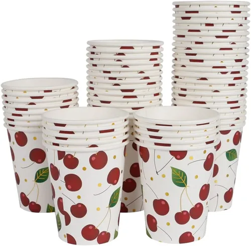 Miniatura 8 de Geeklife Vasos de papel de cereza dorada, 9 onzas de papel de cerezas, frutas y cerezas, desechables, vasos de papel decorativos a granel, 40