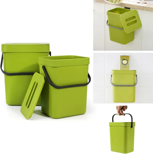 Domiella Paquete de 2 botes de basura pequeños colgantes con tapa (1.3 + 0.8 galones), contenedor de compost de cocina para encimera o debajo del
