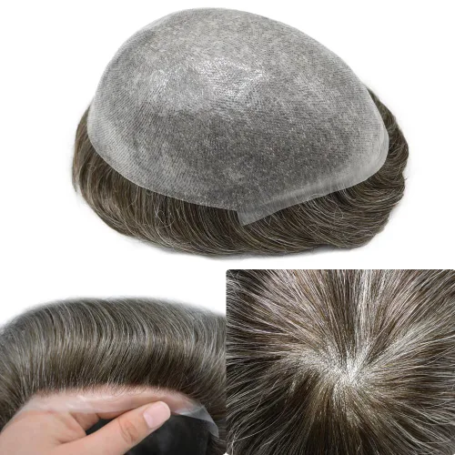 Miniatura 55 de Tupé de piel ultra fina para hombres pieza de cabello humano real sistema de reemplazo 0.002 in Mens Toupee Hairpiece para hombres V-Loop 8x10 80%