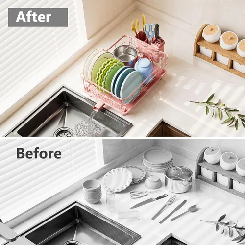Miniatura 5 de AIDERLY Escurridor de platos de hierro, escurridor de platos de drenaje automático, colador de encimera de cocina con bandeja de drenaje, rosa