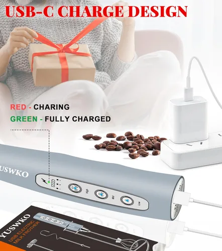 Miniatura 5 de YUSWKO Espumador de leche recargable para café, mezclador de bebidas de mano con 3 cabezales, 3 velocidades, agitadores eléctricos ideales