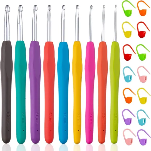 Vodiye Juego de 23 ganchos de ganchillo, mango ergonómico para manos artríticas, agujas de ganchillo cómodas y suaves, agujas de tejer extralargas