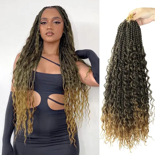 Miniatura 116 de Goddess Box Braids - Trenzas de cabello a ganchillo con extremos rizados, trenzas de caja bohemianas de 16 pulgadas, trenzas de ganchillo, 8 1B-4-30
