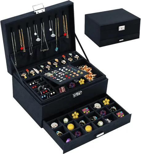 QBestry Caja organizadora de joyas para mujeres y hombres caja de joyería de terciopelo negro de 3 capas grande de almacenamiento de joyas con