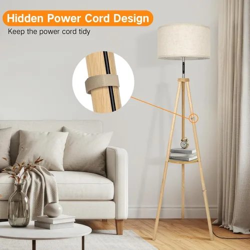 Miniatura 14 de OUTON - Lámpara de pie de trípode de madera con estantes, lámpara de pie de mediados de siglo con control remoto, 4 temperaturas de color, lámpara