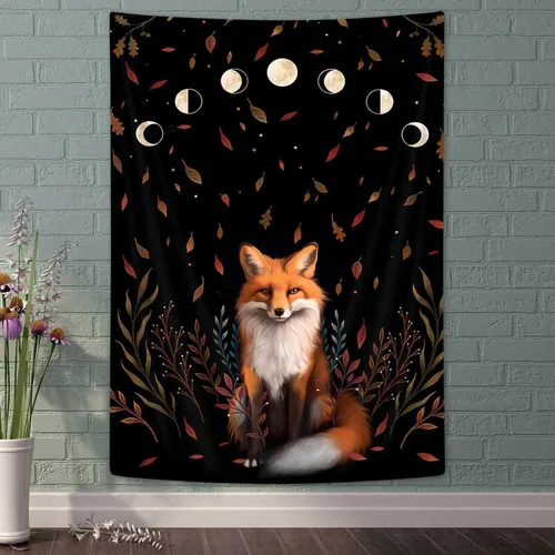 Miniatura 3 de Tapiz vertical estético de fase lunar de zorro, tapiz de tarot floral de bruja, para colgar en la pared para dormitorio, tapiz de hojas de arce