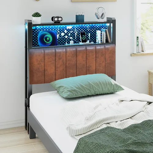 Miniatura 18 de VINGLI Cabecera LED Queen con 3 estantes de almacenamiento y estación de carga, moderna cabecera tapizada con luces RGB, puertos USB y toma de Lino