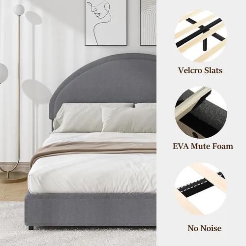 Miniatura 3 de REVOMINCA Base de cama de tamaño matrimonial, marco de cama tapizado Boucle con cabecero, estilo moderno, cama de plataforma suave con cabecera Gris