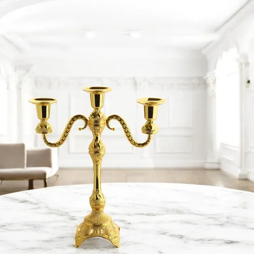 Miniatura 7 de Alisveristime Portavelas de 3 brazos, candelabro decorativo Zamac para decoración elegante del hogar, capacidad para 3 velas, requiere montaje Dorado