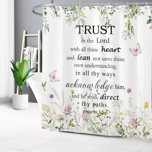Miniatura 45 de EOBTAIN Cortina de ducha floral zen, lirio de agua blanca, mariposa y piedra zen gris, cortinas de ducha para baño, plantas, naturaleza, espiritual