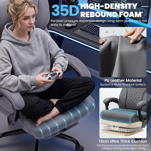 Miniatura 7 de Silla de oficina de masaje y calor con reposapiés, silla ejecutiva ergonómica reclinable de 90-160° para personas grandes y altas, 400 libras, Negro