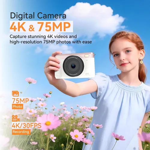 Miniatura 2 de 4K Digital Camera Vlogging Camera for Travel Point and Shoot 75MP Photo Resolution, 4K 30FPS Video, 3-Inch Flip IPS Screen, 2500mAh Battery, 32GB