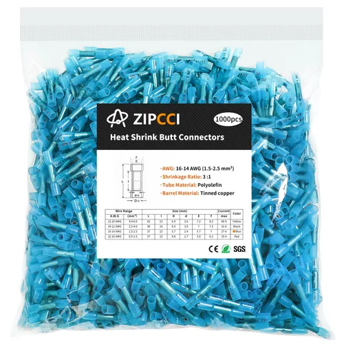 ZIPCCI 1000 conectores a tope termorretráctiles azules de 16-14 AWG, conectores eléctricos de empalme aislados de grado marino, terminales de