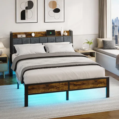 Miniatura 6 de Base de cama tamaño Queen con cabecera de madera, plataforma de metal con estación de carga USB y luces LED inteligentes, no necesita somier, fácil