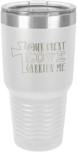 Miniatura 22 de Taza de viaje de acero con recubrimiento de polvo grabado con láser, con grabado de 30 oz con texto en inglés "Your Love Carries" y texto "Mis
