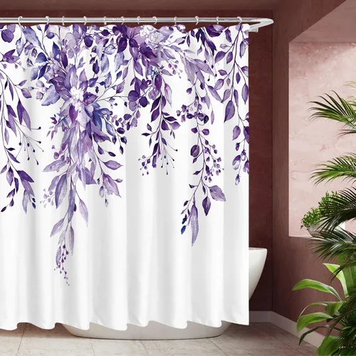 Miniatura 26 de Tititex Spun Sugar - Juego de cortinas de ducha de eucalipto azul claro, hojas de acuarela brillantes en la parte superior, decoración floral