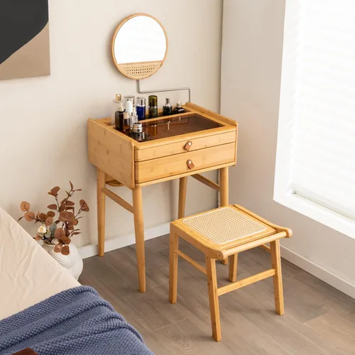 Miniatura 9 de Escritorio de tocador bohemio con espejo, mesa de tocador de maquillaje de bambú con 2 cajones de almacenamiento y mesa de vidrio templado, tocador