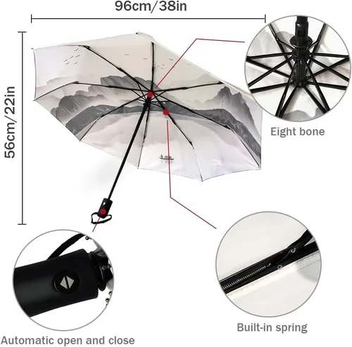 Miniatura 5 de WSSBK Paraguas automático de color marrón degradado para lluvia y sol, hombre y mujer, sombrilla plegable con estampado de atardecer