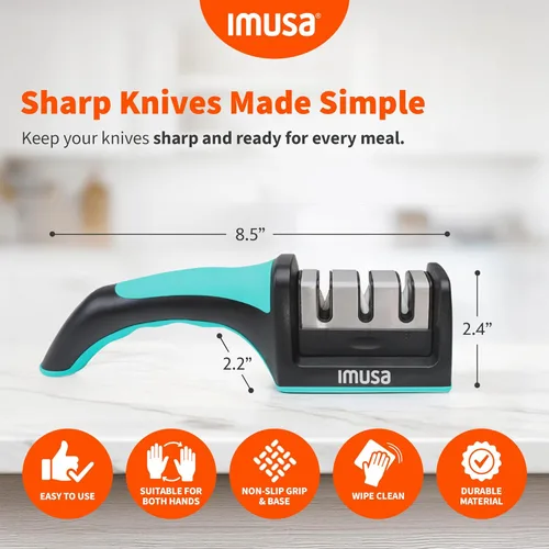 Miniatura 6 de IMUSA - Afilador de cuchillos de cocina con diseño de afilador de cuchillas de acero inoxidable de 3 etapas, fácil de usar, kit ergonómico de Verde