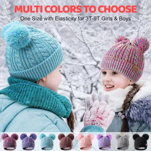 Miniatura 6 de Winter Hat for Kids Toddler Children, Girls Beanie with Double Pom Pom Warm Fleece Lined, Girls Accessories Knit Beanies Cap