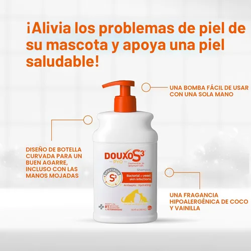 Miniatura 5 de Douxo S3 PYO Champú de clorhexidina para perros, champú medicado antibacteriano y antiséptico, tratamiento de infección por levaduras para perros