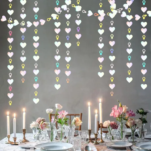 Miniatura 5 de Guirnalda iridiscente de anillo de corazón iridiscente de 52 pies para decoración de despedida de soltera de compromiso, pancarta holográfica