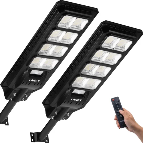 LANGY 2PACK Luces solares de calle para exteriores 200000 lúmenes con control remoto, sensor de movimiento de atardecer a amanecer, lámpara solar