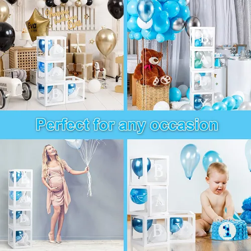 Miniatura 7 de Cajas de bebé con 12 letras para baby shower, decoraciones de baby shower para niño o niña, 4 cajas de globos transparentes bloques transparentes