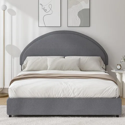 Miniatura 6 de REVOMINCA Base de cama de tamaño matrimonial, marco de cama tapizado Boucle con cabecero, estilo moderno, cama de plataforma suave con cabecera Gris