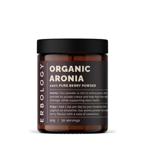 Erbology Polvo orgánico de bayas de aronia de 3.2 onzas, 30 porciones, apoya la salud de la piel, rico en antocianinas, de origen sostenible