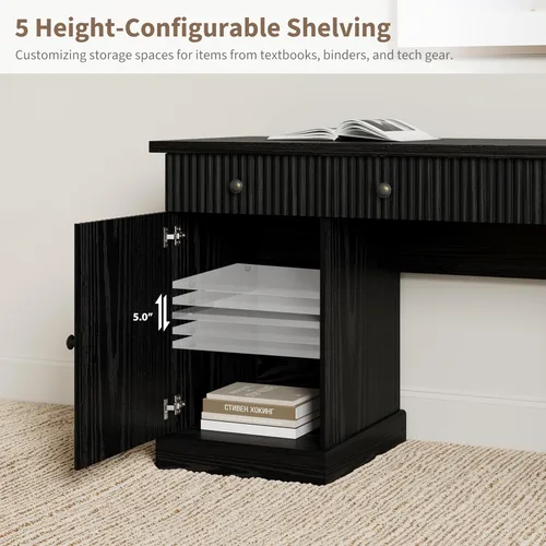 Miniatura 4 de Garvee 60" Office Desk with Storage & Drawers. Fluted Wood Computer Desk with Power Outlet & Adjustable Shelves.Modern Executive Desk for Home