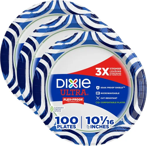 Dixie Platos de papel ultra grandes, 10 pulgadas, 100 unidades, 3 veces más fuertes, resistentes, aptos para microondas, a prueba de remojo,