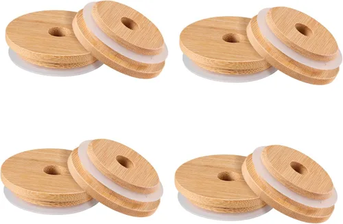 Miniatura 9 de Hemoton 8 tapas para tarros con anillo de sellado, tapas reutilizables de bambú para frascos, para latas de boca ancha, 2.47 pulgadas