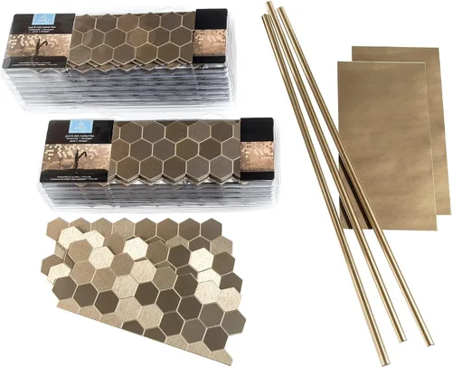 Aspect Kit de azulejos de metal mate champán con diseño de panal de abeja, despegar y pegar, 15 pies cuadrados para cocina y baños