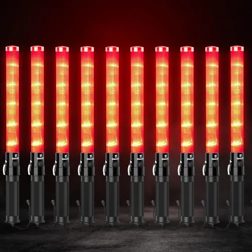 Paquete de 10 varitas de tráfico de señal de 16 pulgadas, varita LED roja de control de tráfico con 3 modos intermitentes, bastón de seguridad de