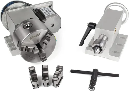 Miniatura 10 de Fresadora CNC de eje rotacional Enrutador CNC Mesa giratoria de un eje 4º eje 2.559 in 3 mandíbulas Chuck Cabezal divisorio con motor paso a paso