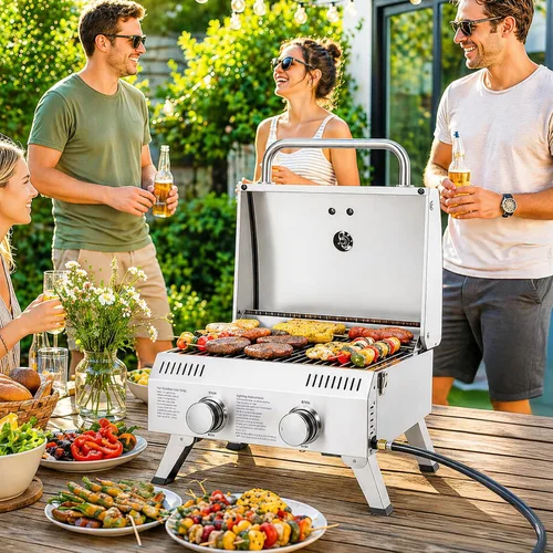 Miniatura 7 de ROVSUN Parrilla portátil de gas propano de 12,000 BTU, parrilla de cocina al aire libre para picnic, camping, caravana, patio, jardín, barbacoa