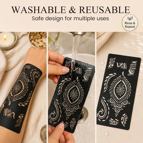 Miniatura 7 de Koogel Kit de plantillas de tatuaje de henna de 18 hojas, 97 plantillas de tatuaje con brillantina temporal para pintura facial y arte corporal