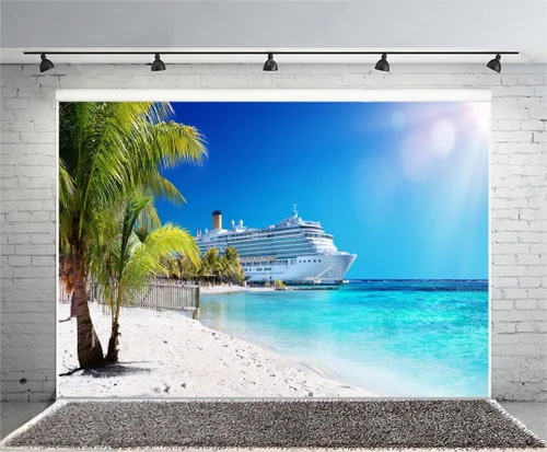 Miniatura 4 de Telón de fondo de fotografía del mar caribeño de 7 x 5 pies, telón de fondo de playa de palmera coral playa decoración de fiesta de crucero