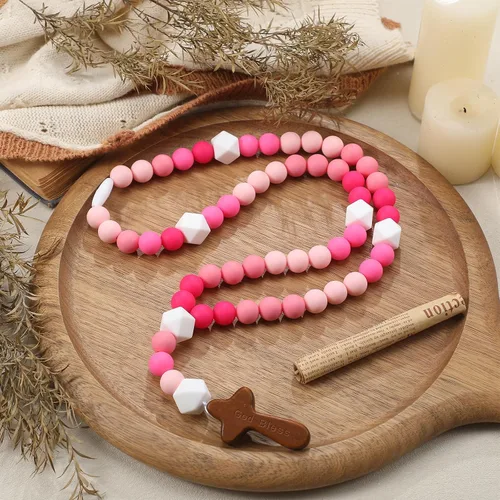 Miniatura 9 de Misdary Rosario de Bebé Regalo de Bautismo de Silicona Dios Bendiga a los Niños Primer Rosario con Cruz Suministros para Fiesta de Bautismo del 1er