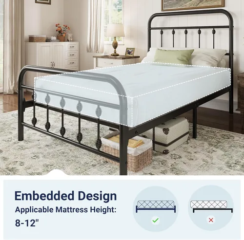 Miniatura 8 de Allewie Marco de Cama de Plataforma Metálica Tamaño Individual de 14 Pulgadas con Cabecero/Pie de Cama de Arte de Hierro Estilo Victoriano, Base
