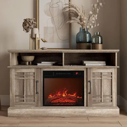 Miniatura 2 de BELLEZE Mueble TV, 48 pulgadas, con chimenea eléctrica funcional de 18 pulgadas, moderno, para TV de máx. 50 pulgadas, estantes abiertos y armarios