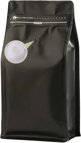 Bolsas de café con válvula (12 onzas, 3/4 libras, 50 unidades) de papel de aluminio negro de alta barrera de fondo plano sellado térmicamente en