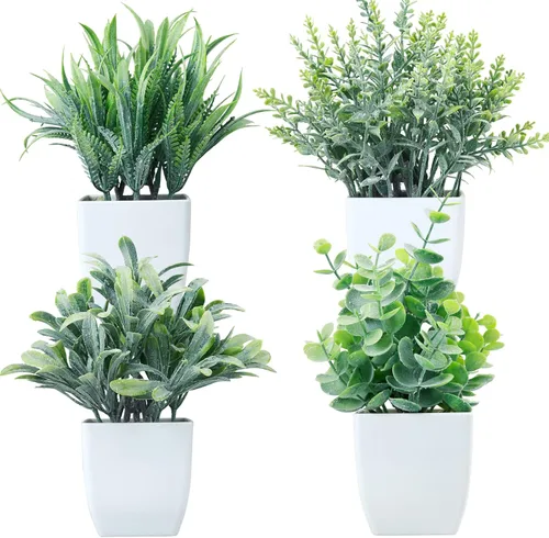 Miniatura 14 de GREENTIME Paquete de 4 plantas falsas en maceta negra, pequeñas plantas artificiales de eucalipto en maceta, hierba de trigo, mini vegetación