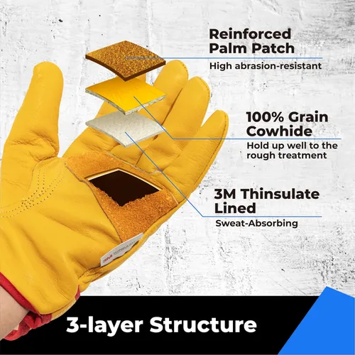 Miniatura 5 de toolant Guantes de trabajo de cuero de invierno, forro Thinsulate cálido 3M para trabajo en clima frío, guantes con aislamiento térmico Amarillo